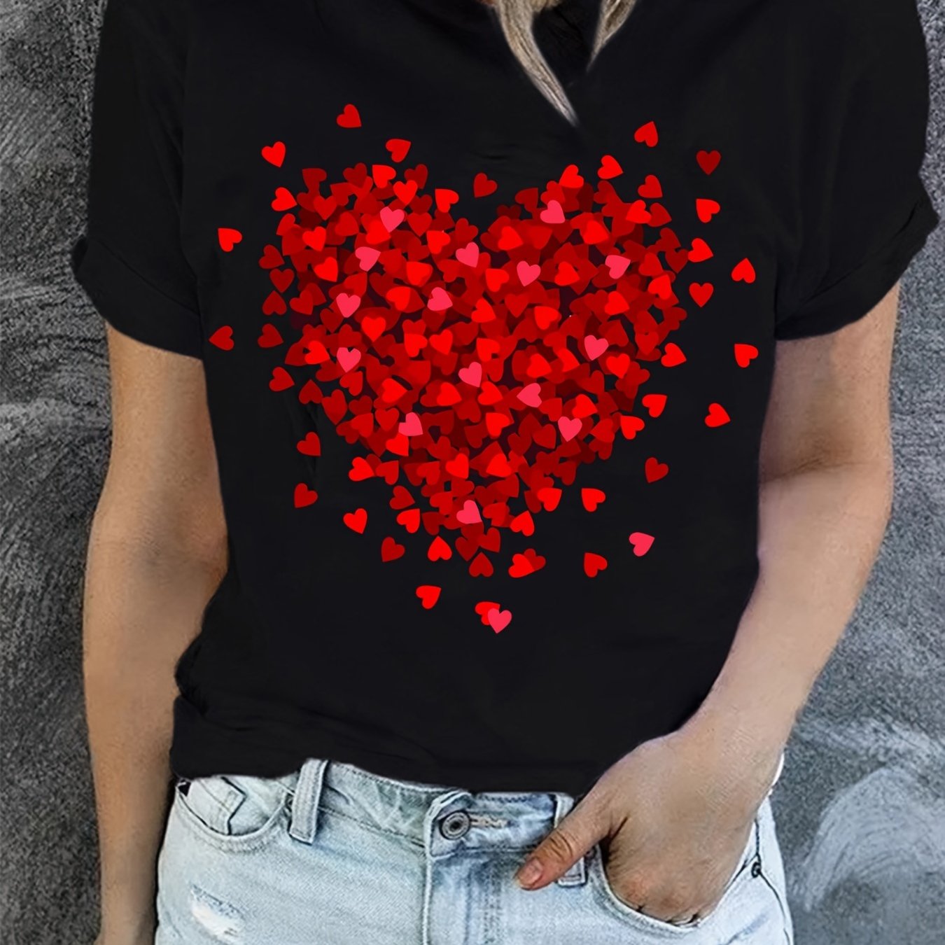 Heart Print T-Shirt For Valentine's Day Gifts, Crew Neck Short Sleeve T-Shirt, Casual Every Day Tops, Women's Clothing
