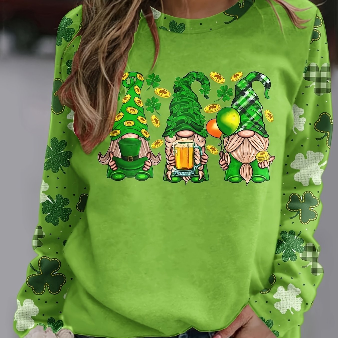 Four-leaf Clover & Gnomes Print T-shirt, Casual Long Sleeve Crew Neck Top For Spring & Fall, Women's Clothing