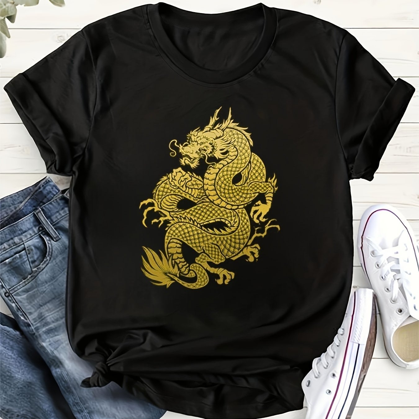 Dragon Print Crew Neck T-Shirt, Casual Short Sleeve Top For Spring & Summer, Women's Clothing